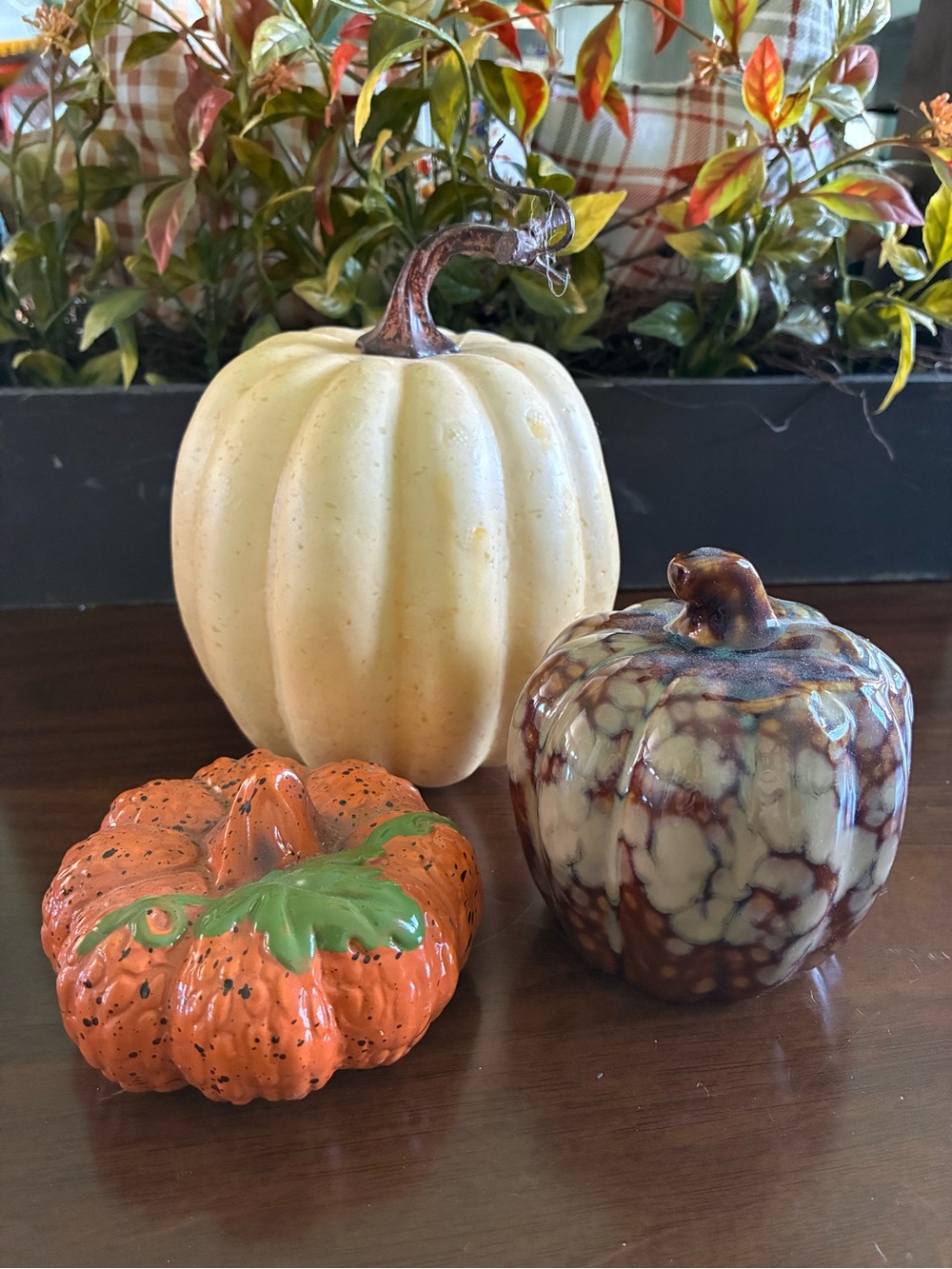 Decorative Ceramic Pumpkin Trio - Yellow, Orange, Multi-Colored euc